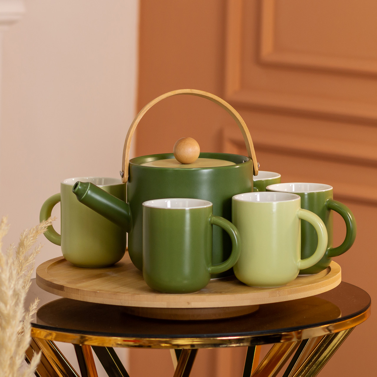 Чайний сервіз на 6 персон з бамбуковою обертовою підставкою, зелений HP-15-23 - Зображення 9