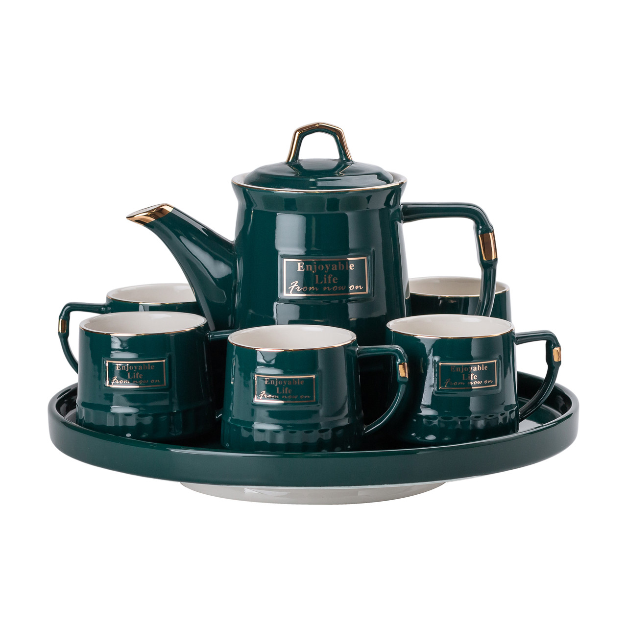 Чайний набір на 6 персон із заварювальним чайником та порцелянаовою підставкою Зелений HP-15-6 - Зображення 1