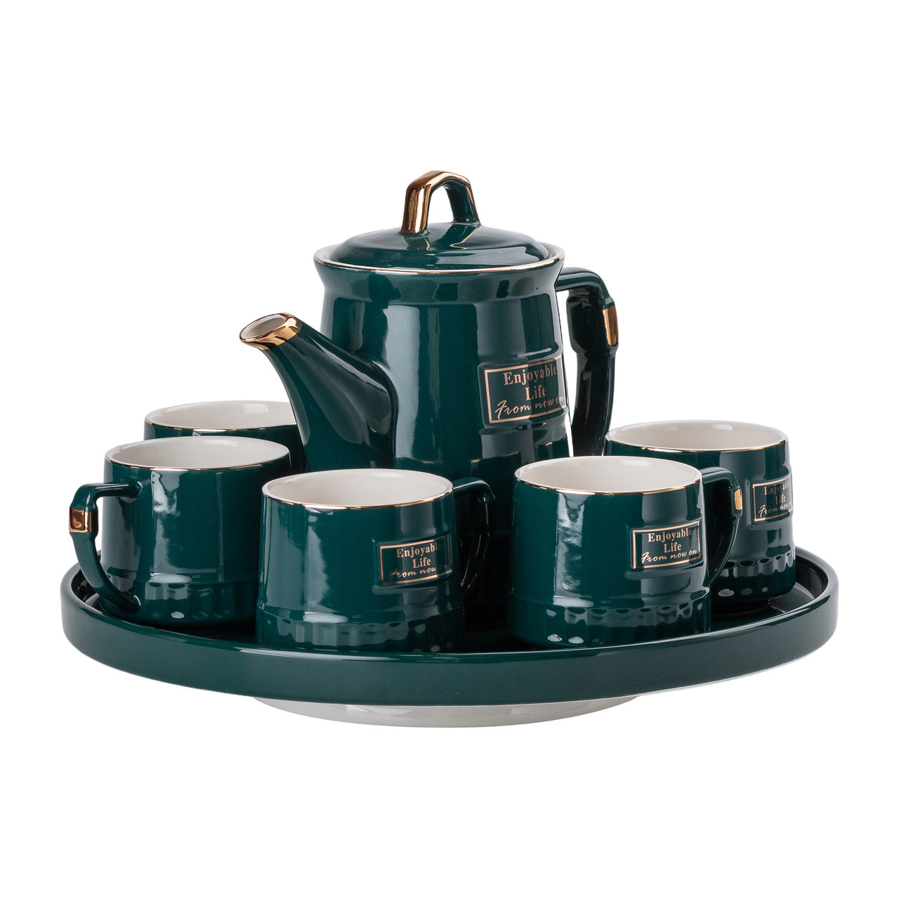 Чайний набір на 6 персон із заварювальним чайником та порцелянаовою підставкою Зелений HP-15-6 - Зображення 7