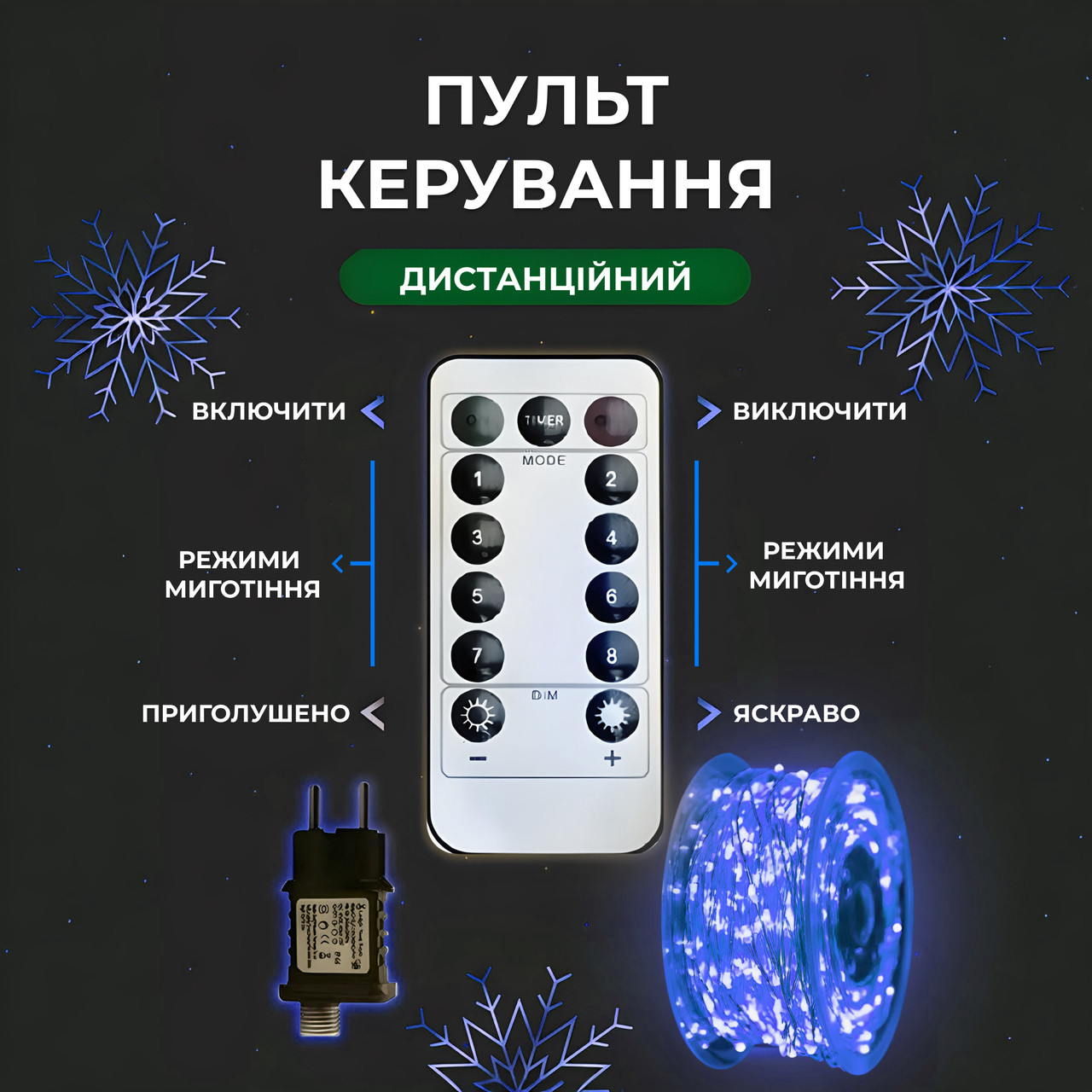 Гірлянда "Роса" з пультом, 200 метрів, 2000 LED, синя на білому дроті - Зображення 2