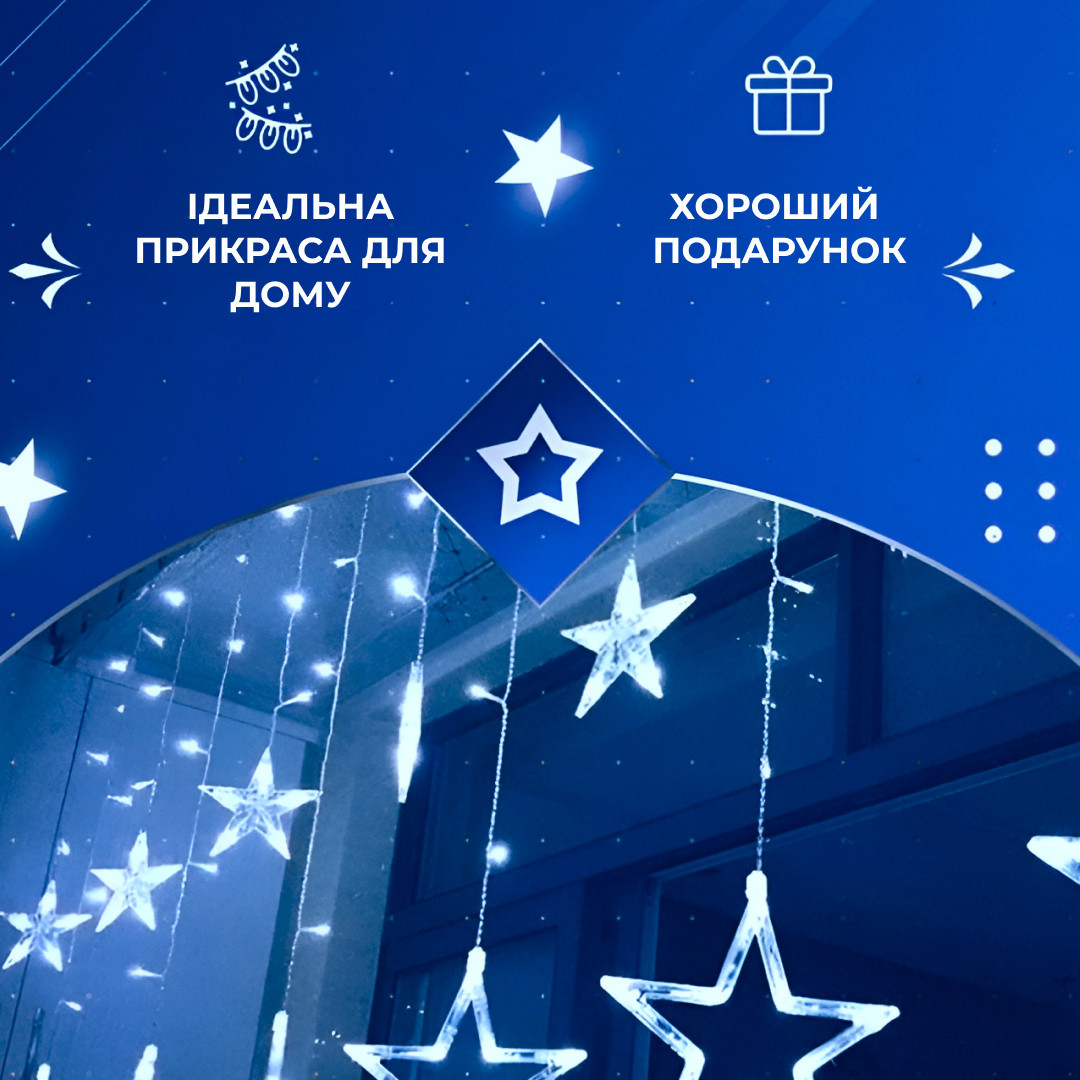 Гірлянда штора 3х0,7 м Зірки на 108 LED лампочок світлодіодна 6 великих та 6 маленьких зірок 9В 8 режимів Синій 1733054BL - Зображення 6