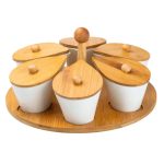 Набір порцелянових баночок для сипучих продуктів 6 штук по 100 мл на бамбуковій підставці HP258 - Зображення 2