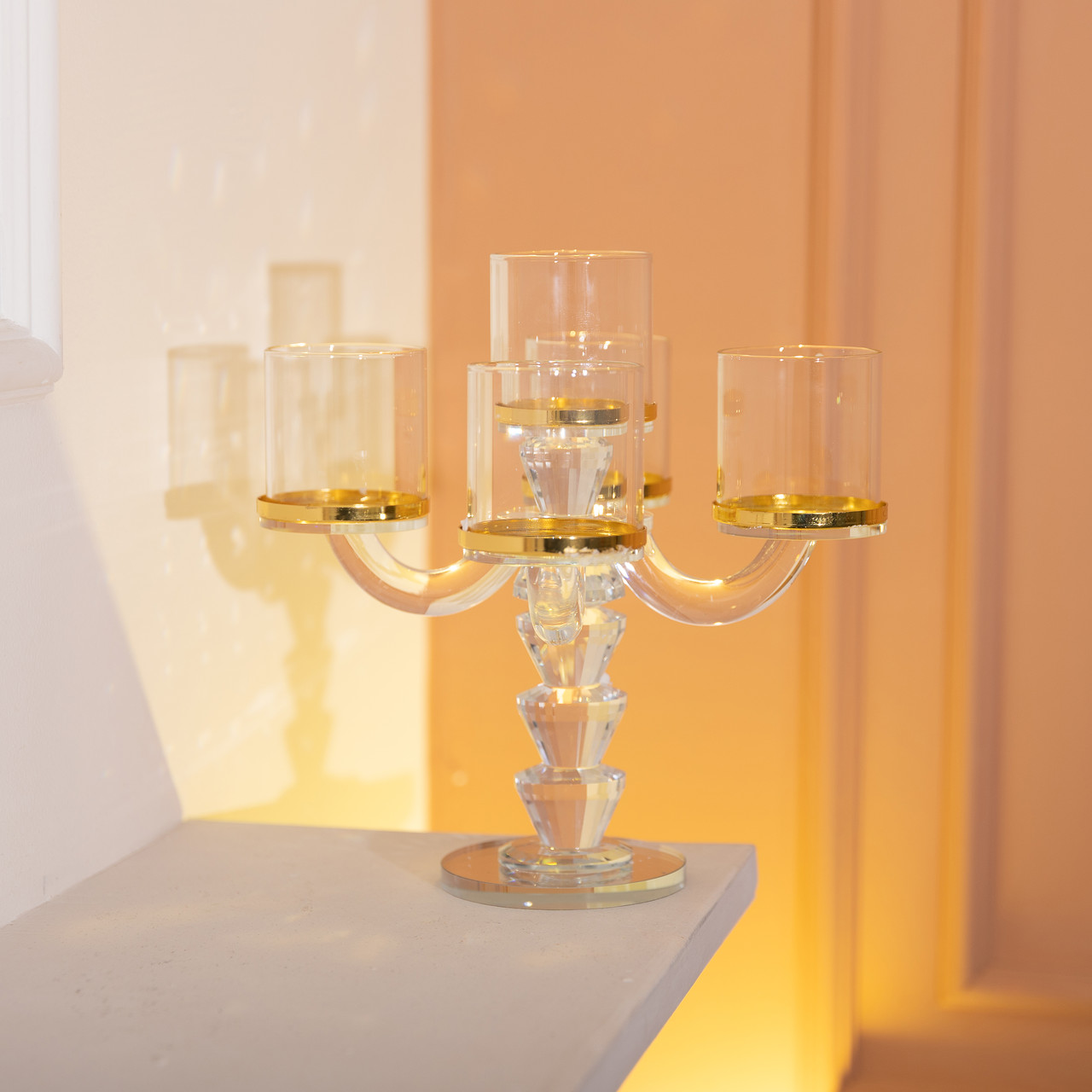 Канделябр на 5 свічок 19×19×23 см підсвічник скляний декоративний із золотою окантовкою HP-4-36 - Зображення 5