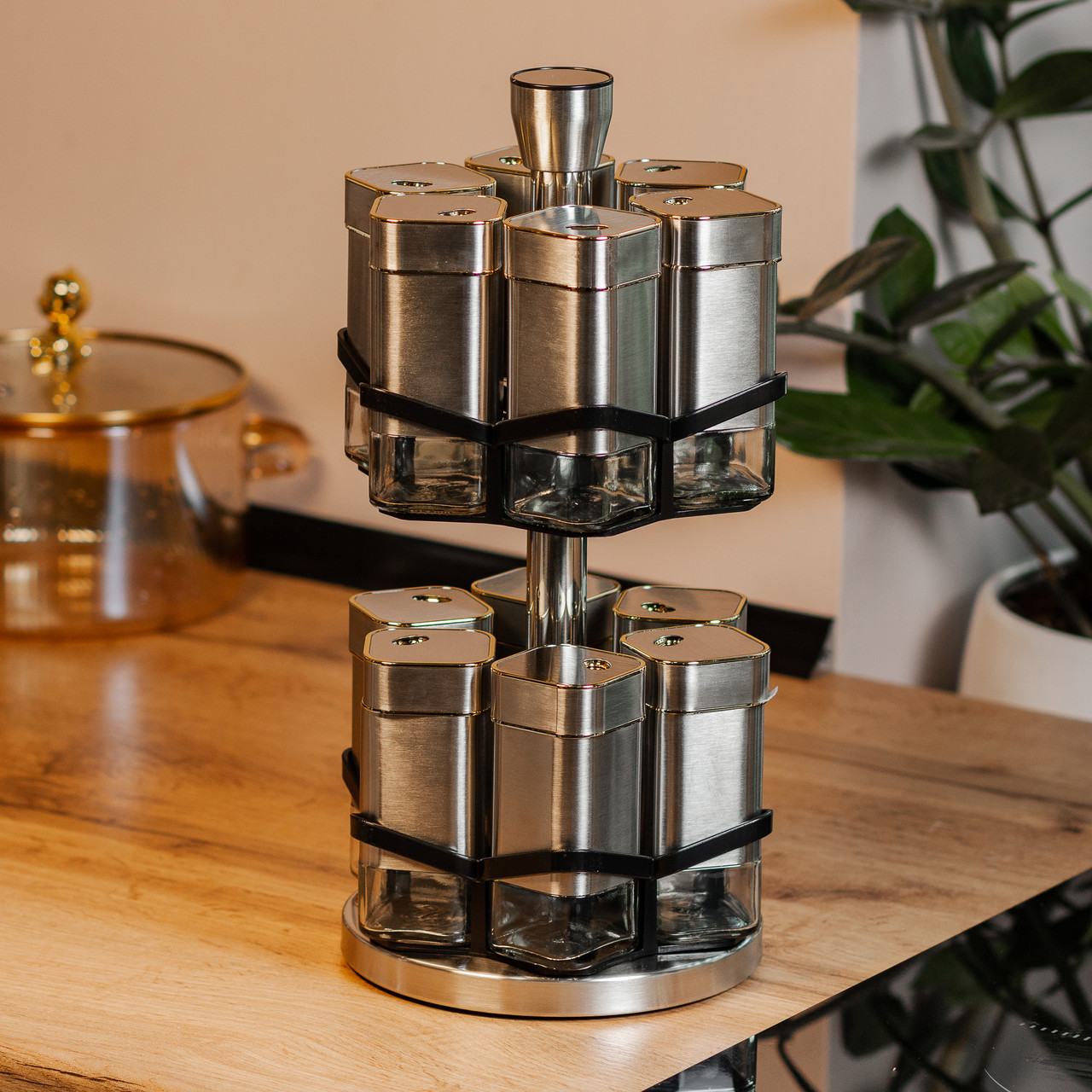 Набір для спецій на підставці 12 баночок по 120 мл, хром із золотом HP1321 - Зображення 6