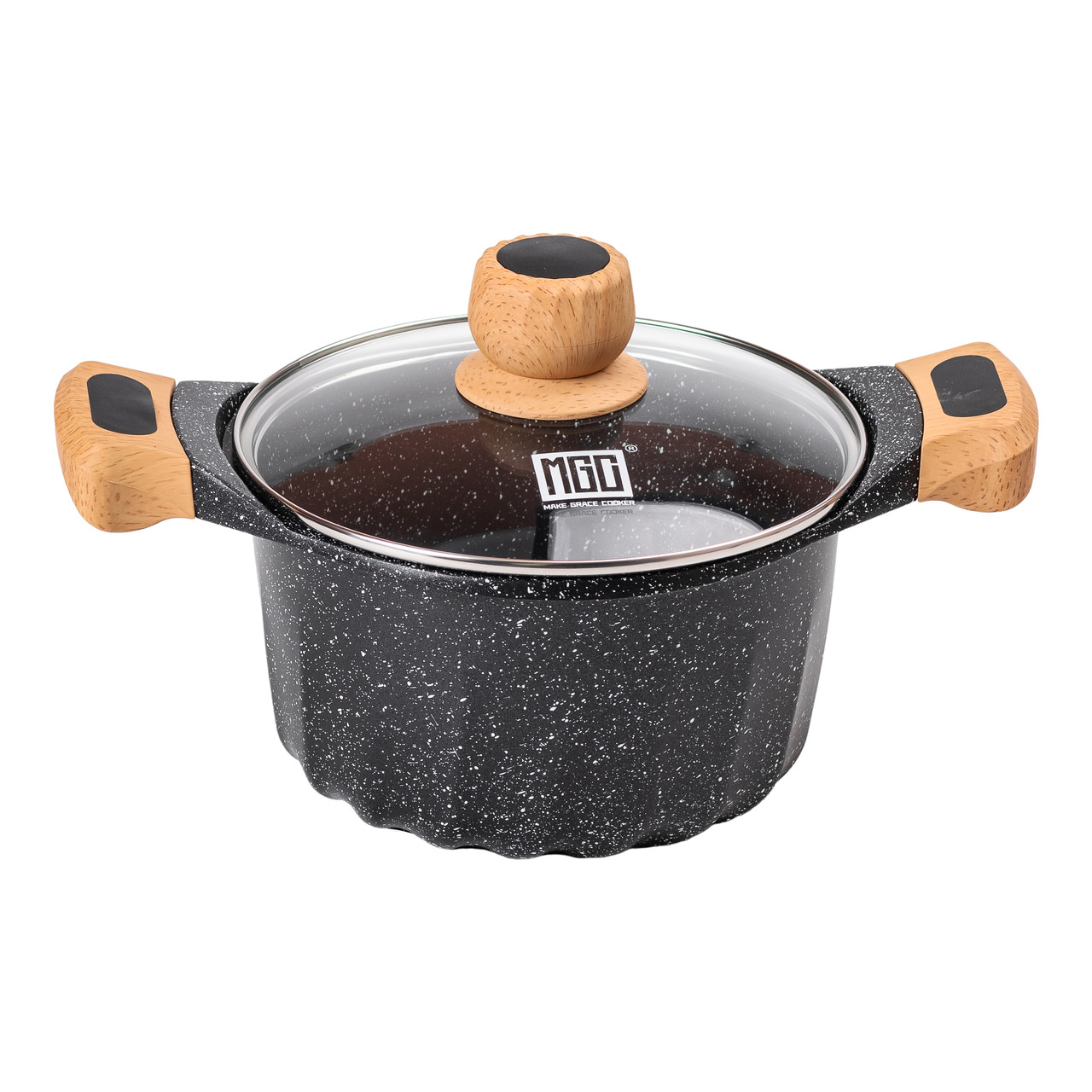 kastryulya_alyuminievaya_na_3_litra_s_kryshkoy_20_sm_s_mramornym_antiprigarnym_pokrytiem_mgc_chernaya Алюмінієва каструля об'ємом 3 літри з кришкою Ø 20 см. Мармур з антипригарним покриттям MGC чорний HP-4-432B - Зображення 1