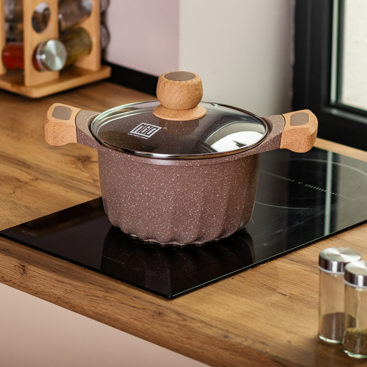 Алюмінієва каструля об'ємом 3 літри з кришкою Ø 20 см, мармурове антипригарне покриття MGC кавового кольору HP-4-432CO - Зображення 5