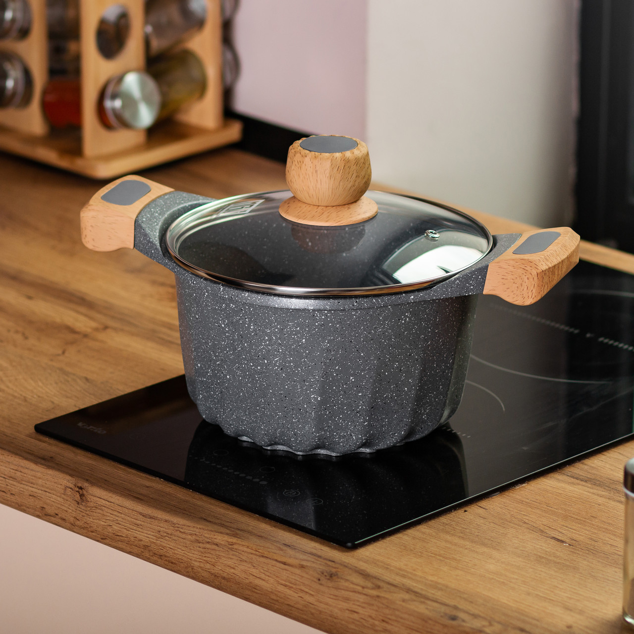 Алюмінієва каструля об'ємом 3 літри з кришкою Ø 20 см. Мармур з антипригарним покриттям MGC сірий HP-4-432G - Зображення 5