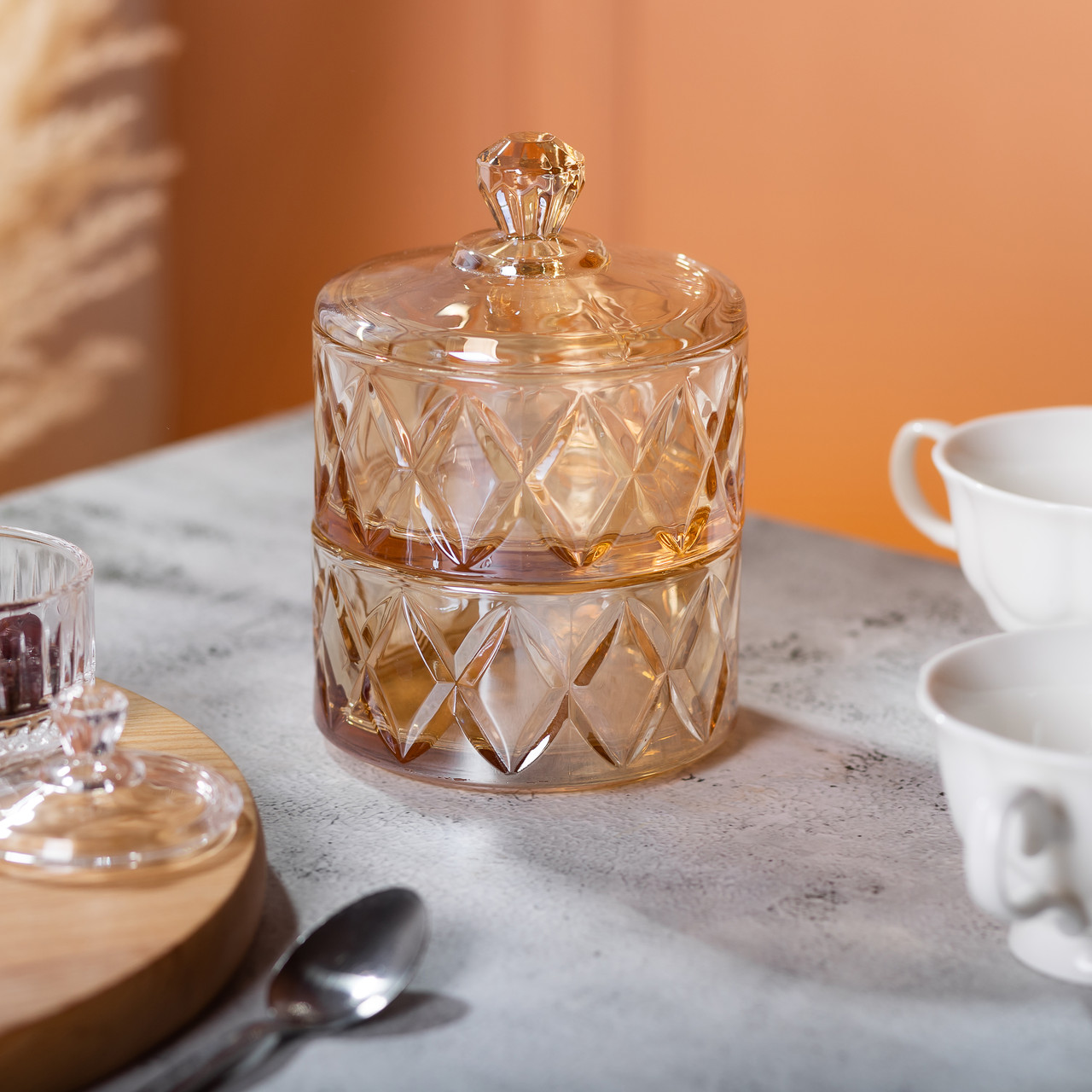 Цукерниця скляна із кришкою дворівнева Ø 10 см ваза конфетница коричнева HP-YH-81 - Зображення 5