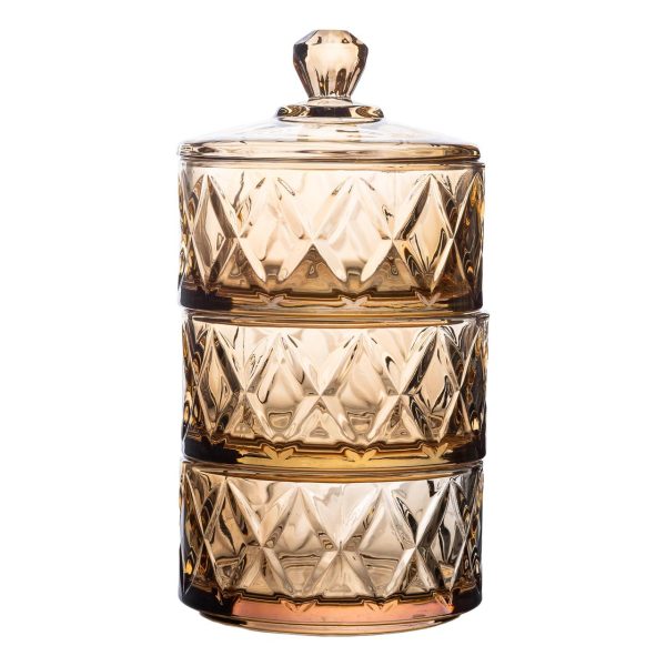 Трирівнева цукерниця Ø 10 см зі скляною кришкою коричнева HP-YH-80