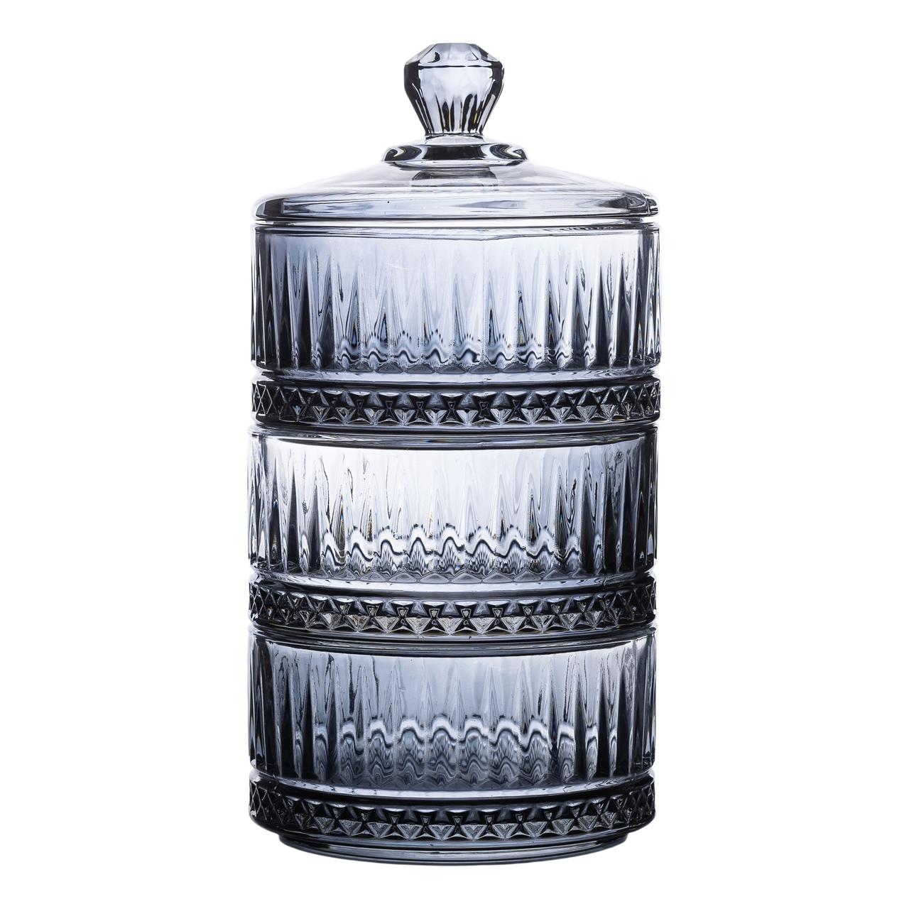 konfetnitsa_trehurovnevaya_steklyannaya_s_kryshkoy_10_sm_seraya Цукерниця трирівнева скляна з кришкою Ø 10 см Сіра HP-YH-76 - Зображення 1