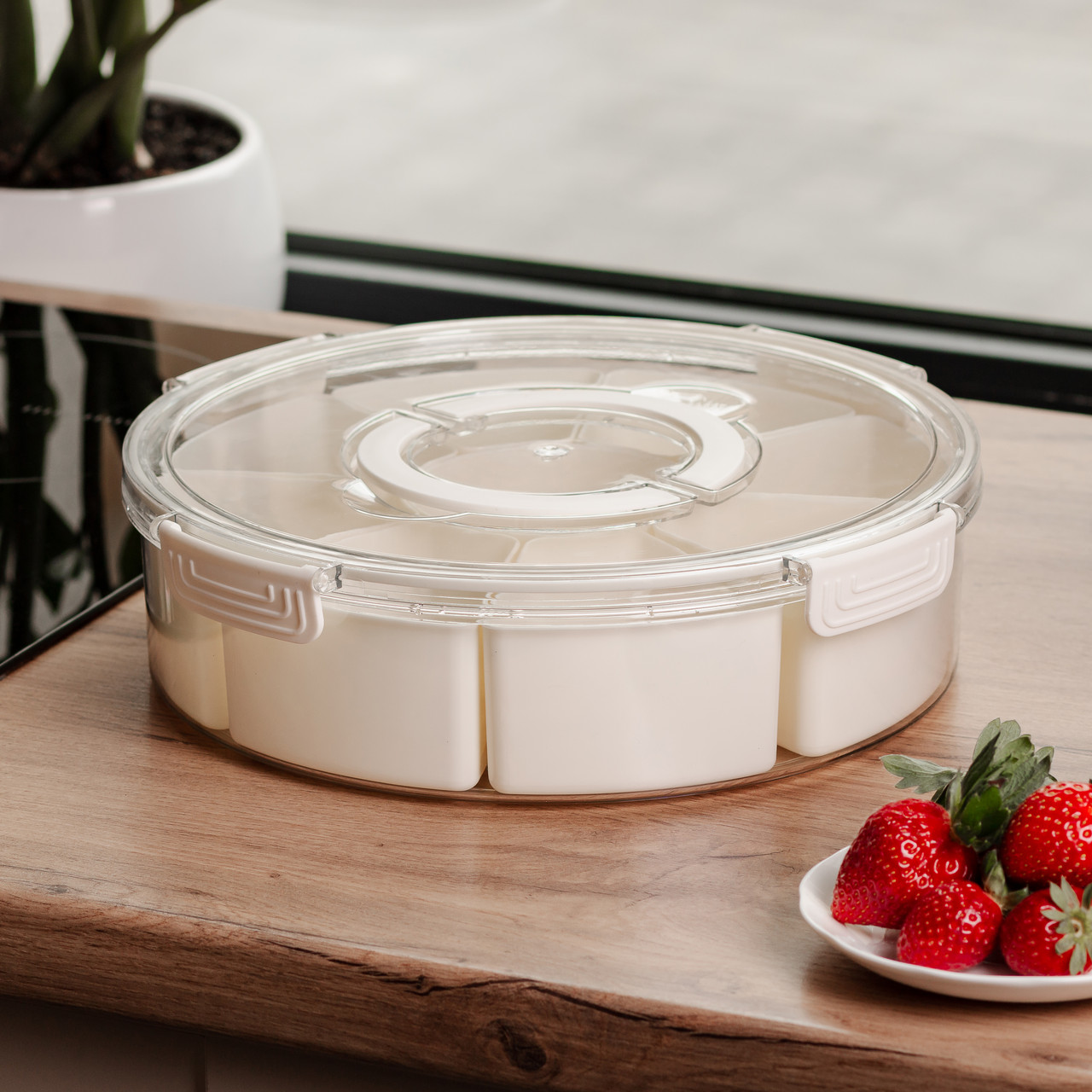 Контейнер для їжі з 9 відсіками пластиковий Ø29 см харчовий контейнер для зберігання їжі 3.5 л Бежевий HP-27-14 - Зображення 3