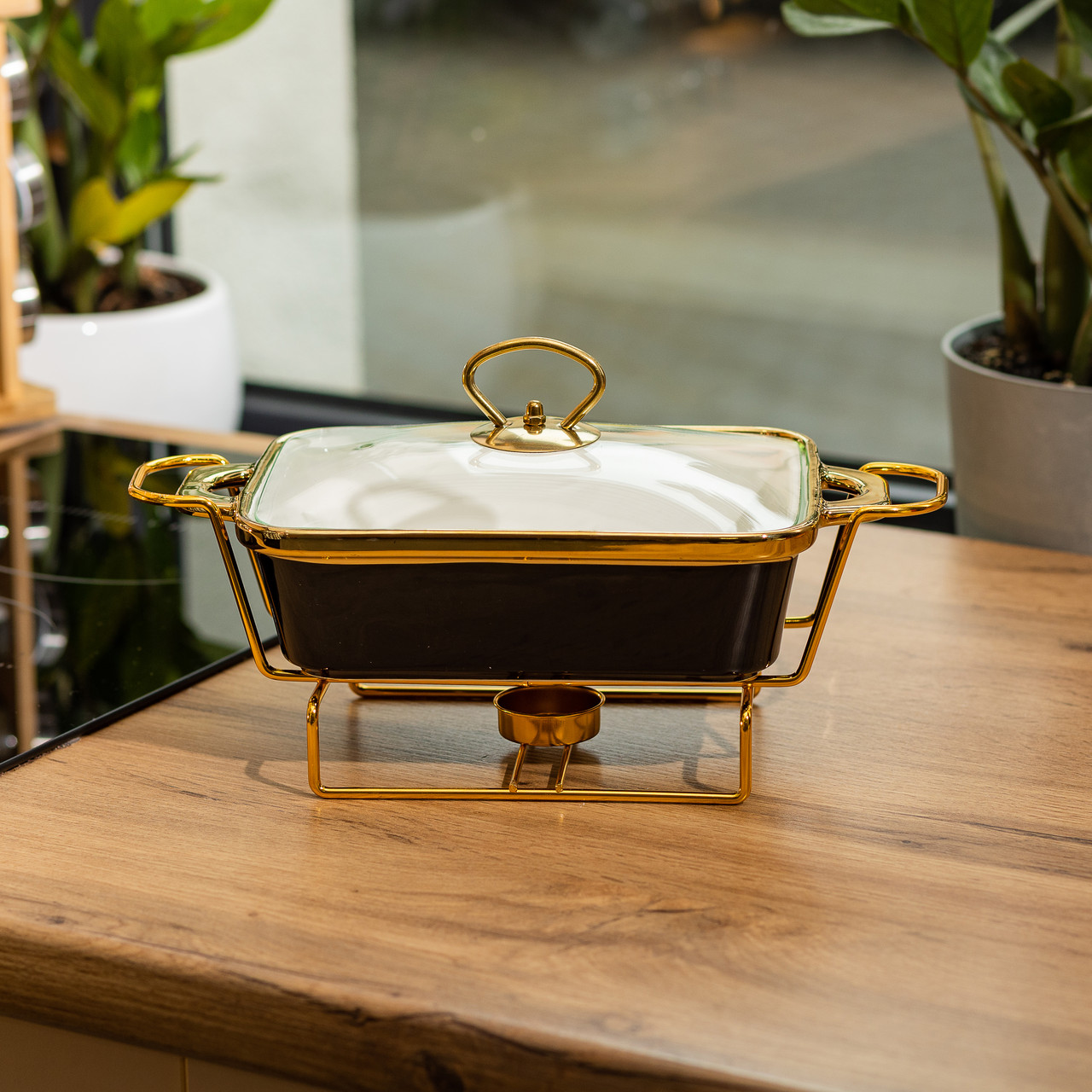 Марміт порцелянаовий із скляною кришкою 31х16х15.5 см на металевій підставці 1 л Чорний HTJ-1001 - Зображення 5