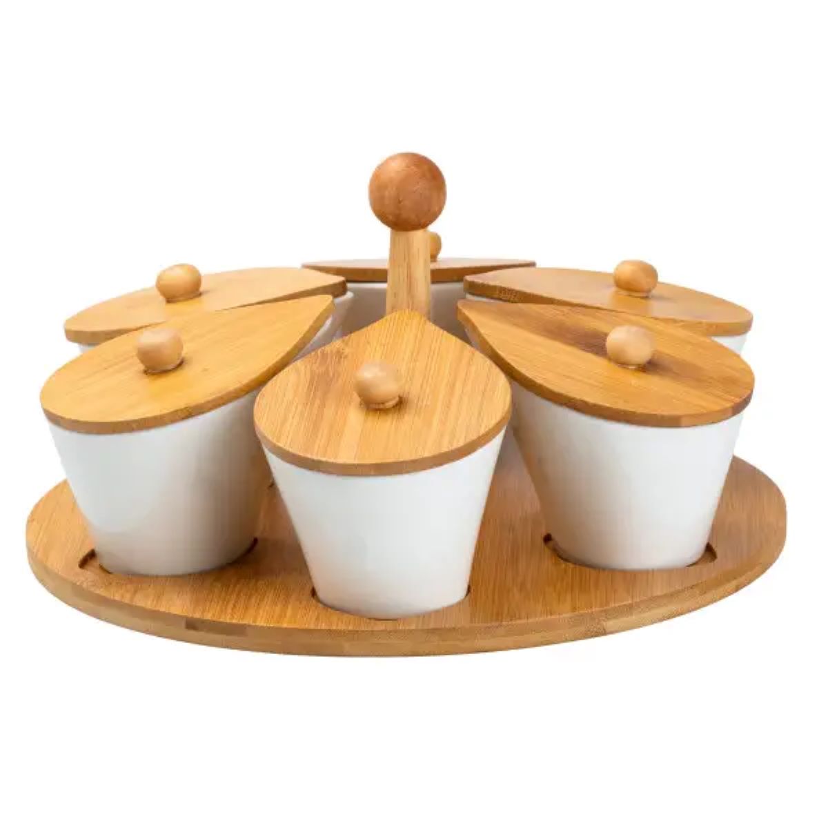 Набір порцелянових баночок для сипучих продуктів 6 штук по 100 мл на бамбуковій підставці HP258 - Зображення 1