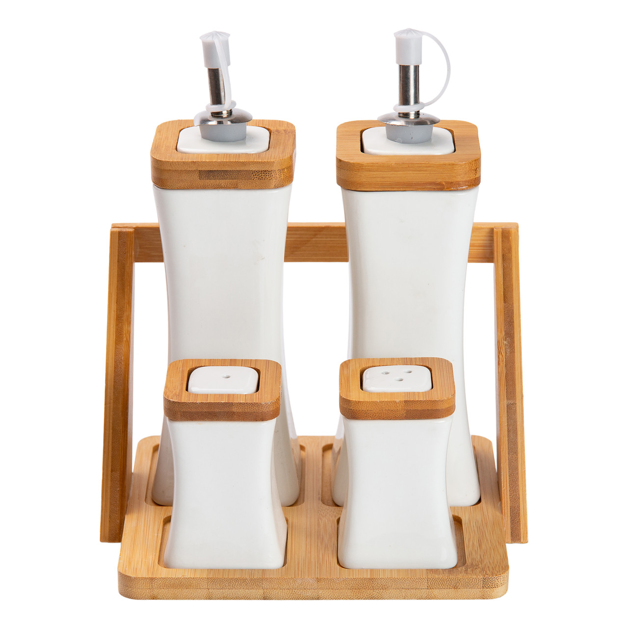 nabor_dlya_spetsiy_na_derevyannoy_podstavke_4_predmeta_butylochki_dlya_masla_i_uksusa Набір для спецій порцелянаовий 4 предмети на бамбуковій підставці HP-1221 - Зображення 1