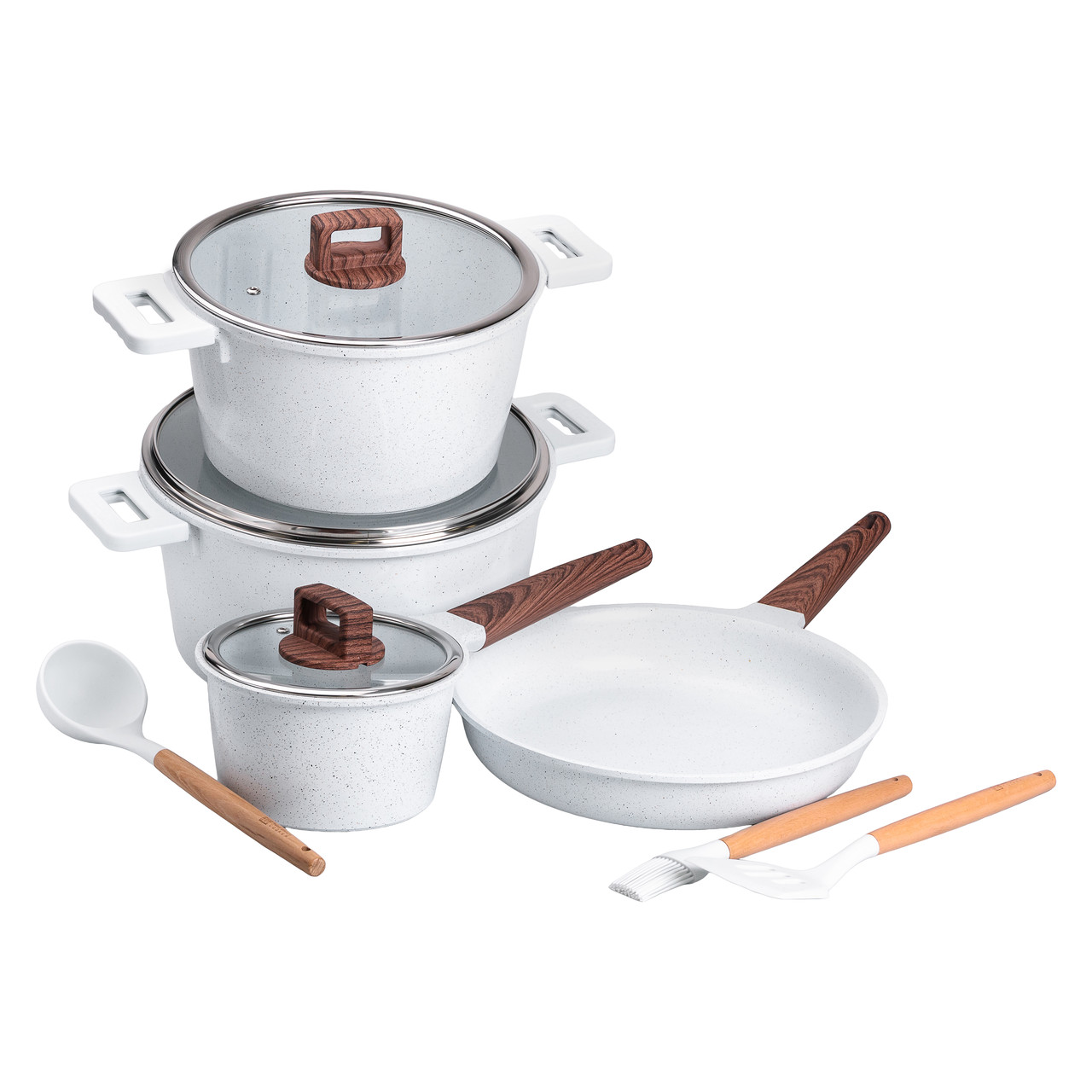 Набір посуду алюміній з товстим дном MGC з лопаткою, ополоником і щіткою білий HP-4-406W - Зображення 1