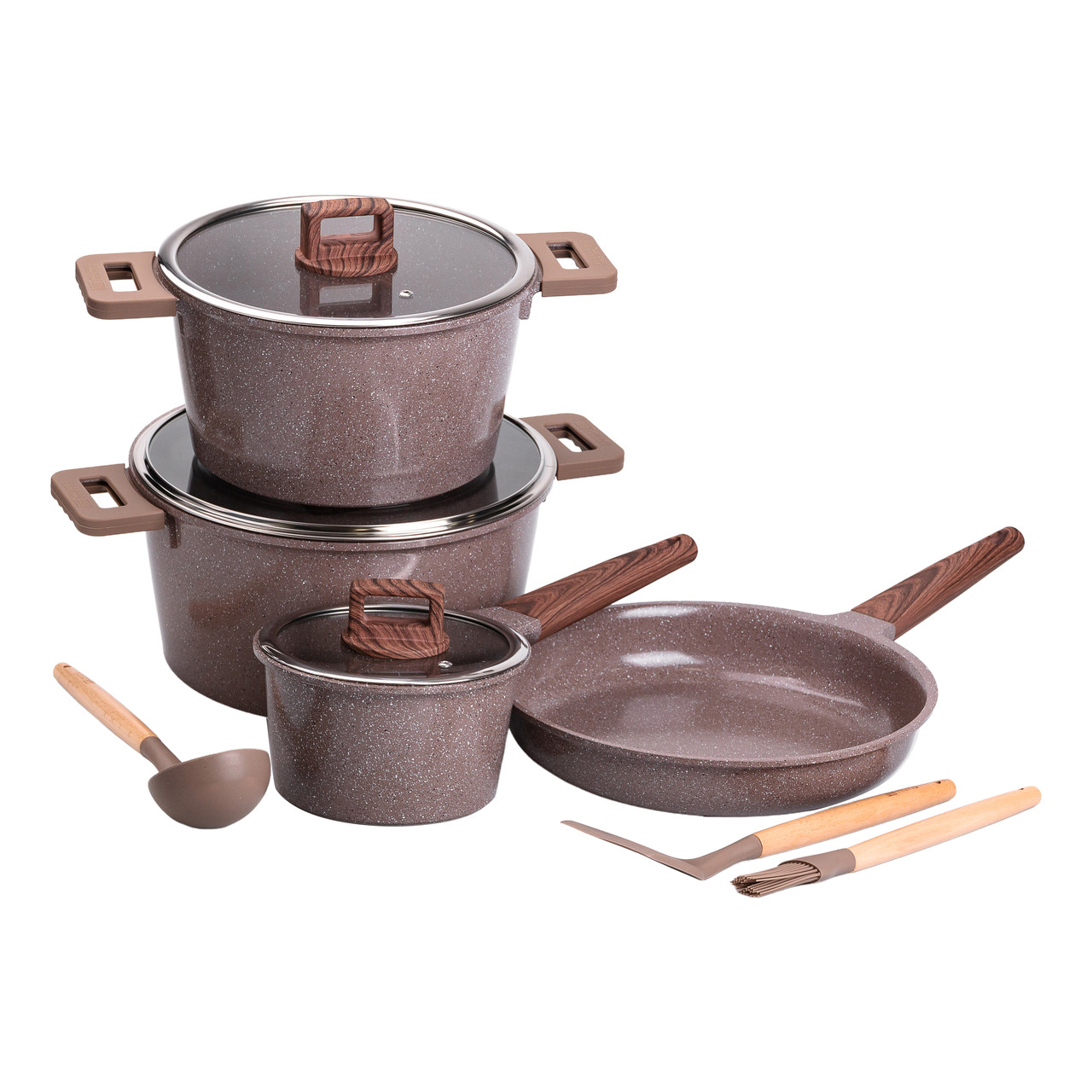 Набір посуду алюміній з товстим дном MGC з лопаткою, ополоником і пензликом кавовий HP-4-406CO - Зображення 1