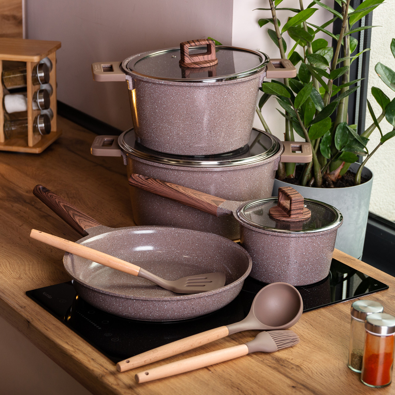 Набір посуду алюміній з товстим дном MGC з лопаткою, ополоником і пензликом кавовий HP-4-406CO - Зображення 6