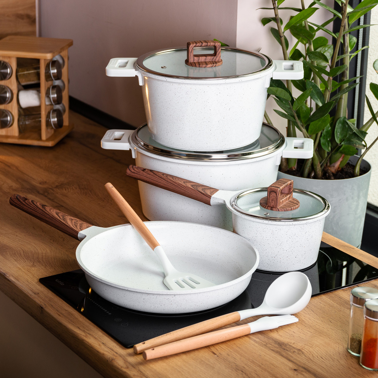 Набір посуду алюміній з товстим дном MGC з лопаткою, ополоником і щіткою білий HP-4-406W - Зображення 7