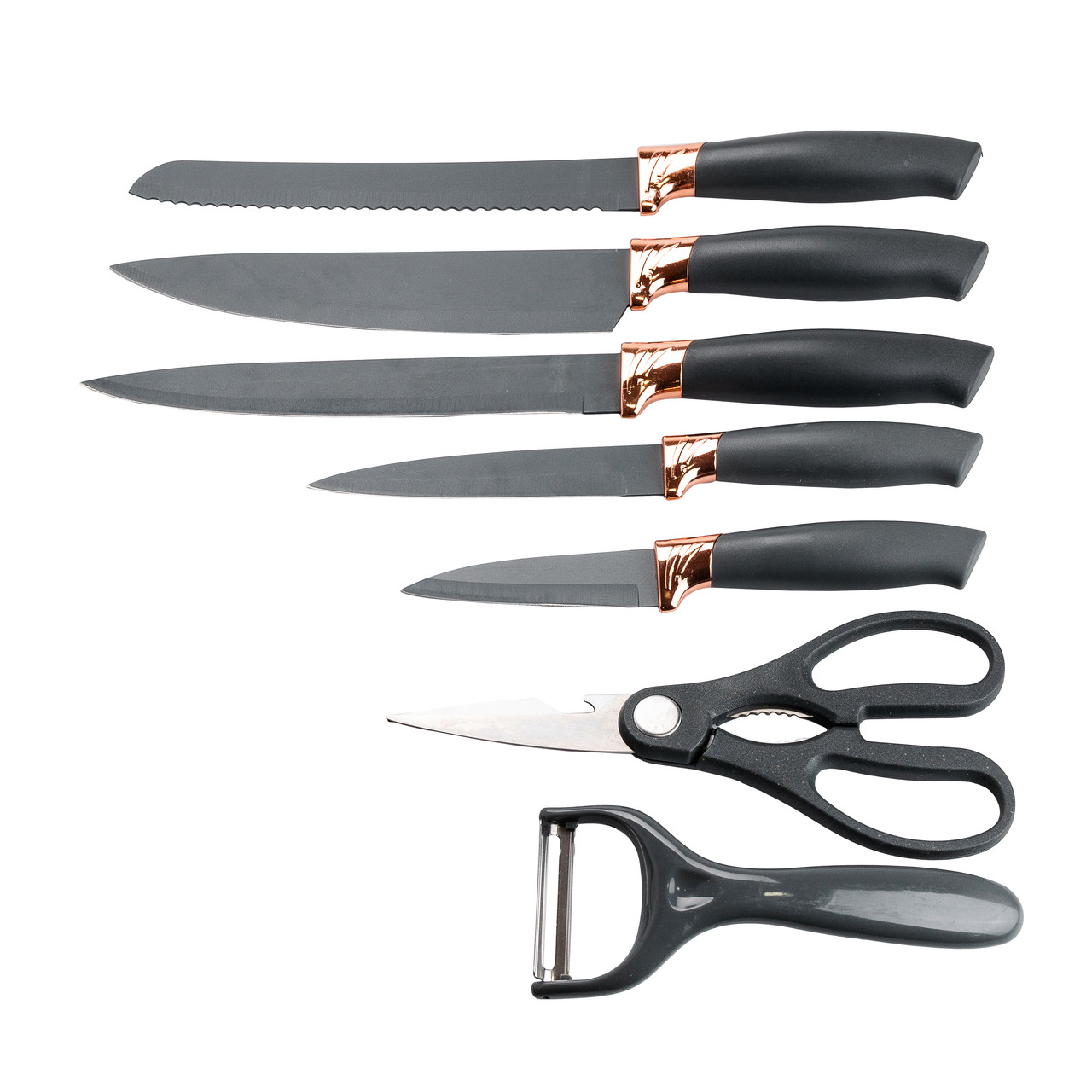Набір кухонних ножів 5 штук з ножицями та овочечисткою 33/23.5/24.5/19.5 см Чорний HP27476 - Зображення 9