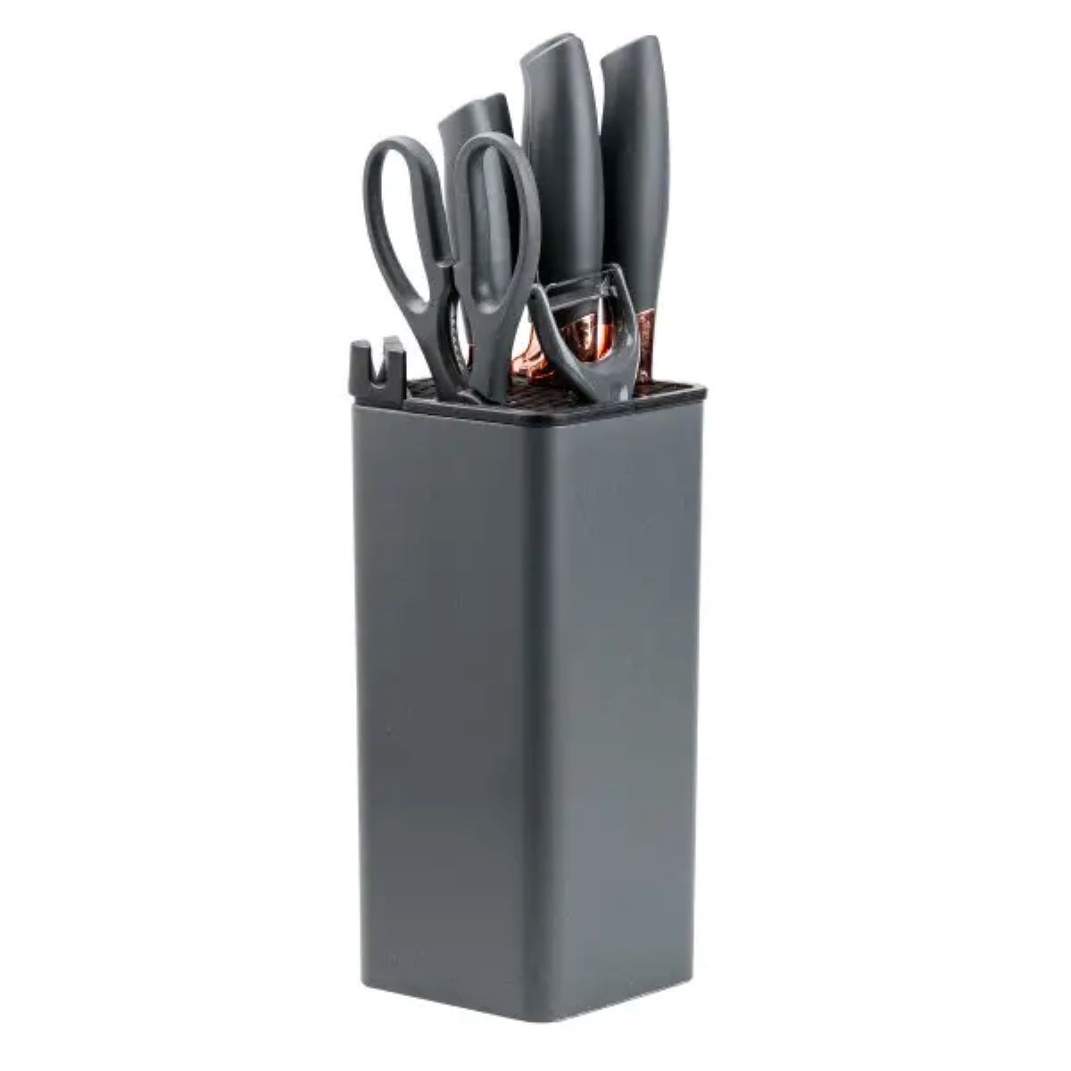 nabor_kuhonnyh_nozhey_na_podstavke_s_tochilom_7_predmetov_seryy Набір кухонних ножів 5 штук з ножицями та овочечисткою 33/23.5/24.5/19.5 см Чорний HP27476 - Зображення 1