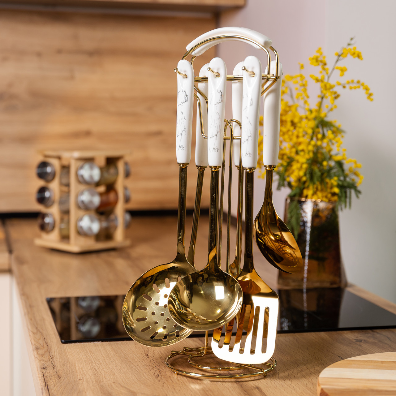Набір кухонного приладдя 7 предметів на підставці столові прилади з нержавіючої сталі Золото з білим HP-20-7 - Зображення 6