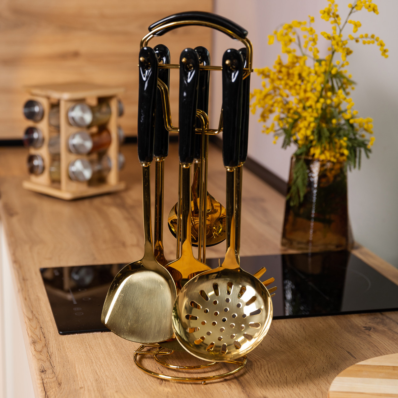 Набір кухонного приладдя на підставці 7 предметів кухонні аксесуари на підставці Чорний із золотом HP-20-66 - Зображення 6