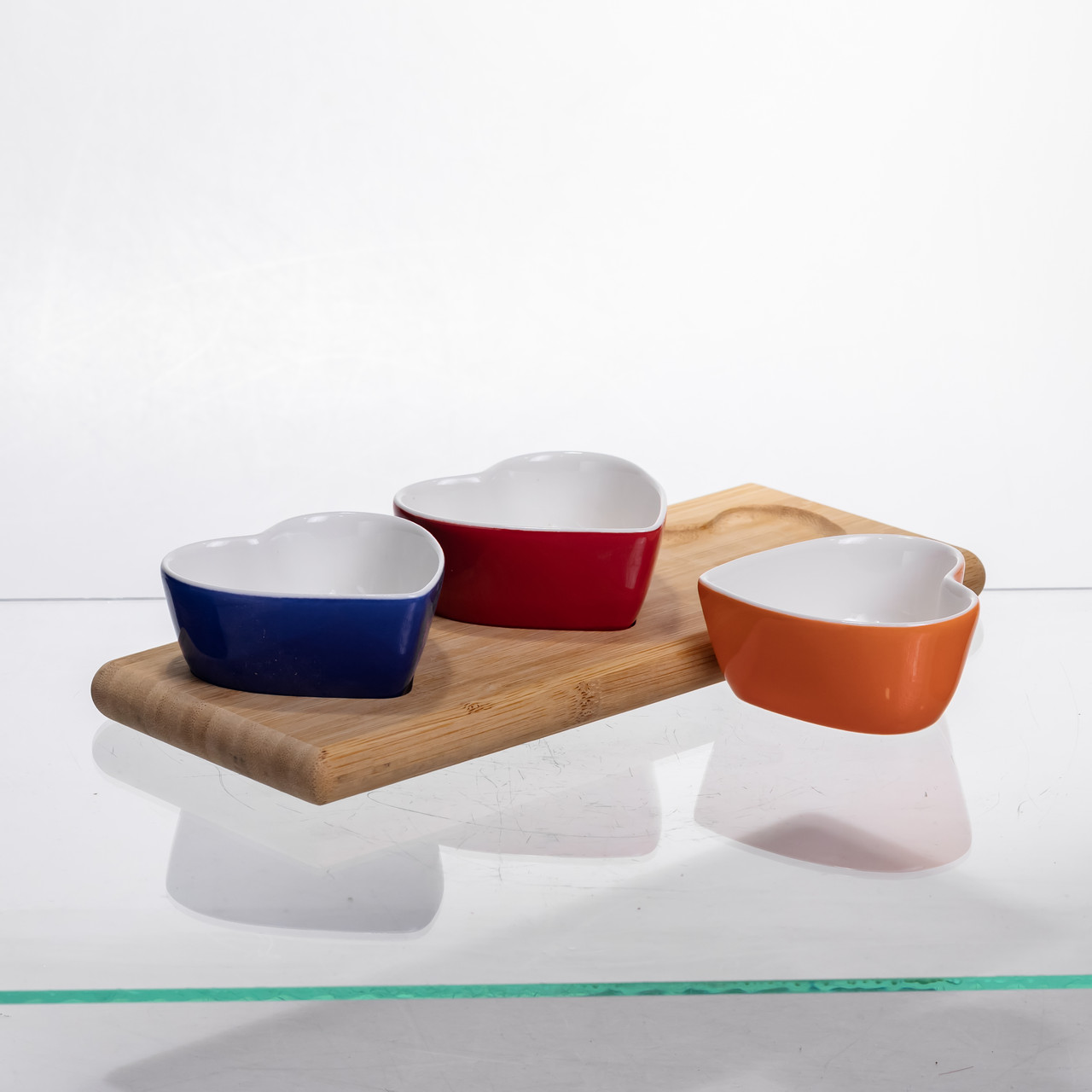 Набір менажниць порцелянових для закусок 3 (шт) по 50 (мл) менажниці у формі серця на бамбуковій підставці TX001 - Зображення 3