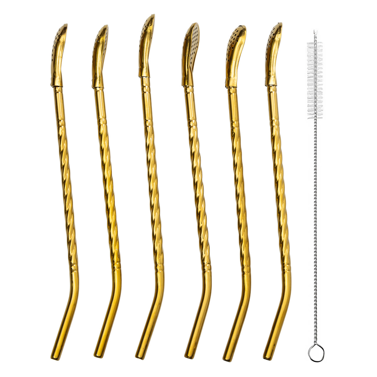 Набір багаторазових ложок-трубочок 6 шт для напоїв 19,5 см з щіткою Золотистий HP-20-56 - Зображення 1