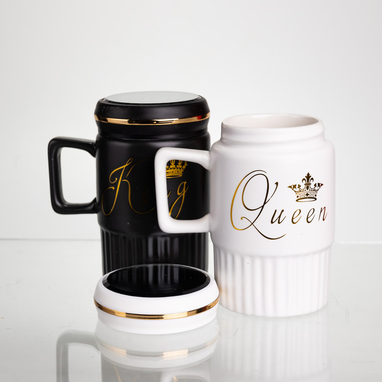 Набір парних порцелянових чашок з кришкою 2 (шт) по 450  (мл) Чорний з білим Yiwu FM-26 - Зображення 3