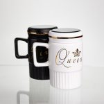 Набір парних порцелянових чашок з кришкою 2 (шт) по 450  (мл) Чорний з білим Yiwu FM-26 - Зображення 4