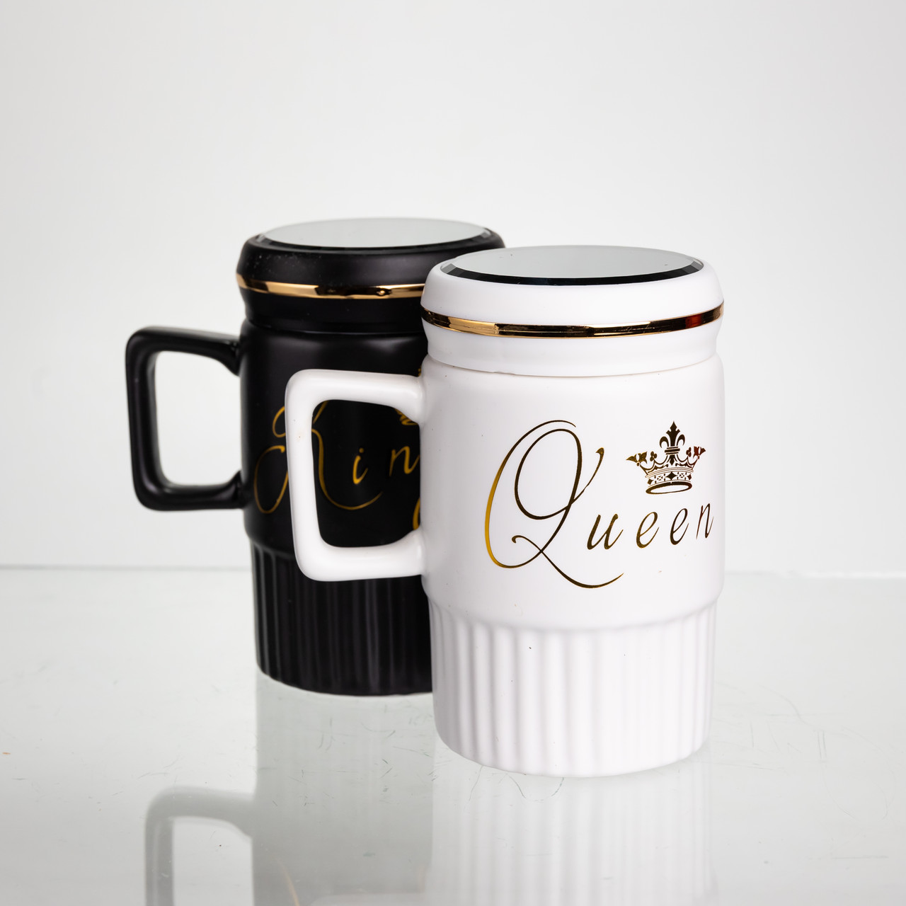 Набір парних порцелянових чашок з кришкою 2 (шт) по 450  (мл) Чорний з білим Yiwu FM-26 - Зображення 4