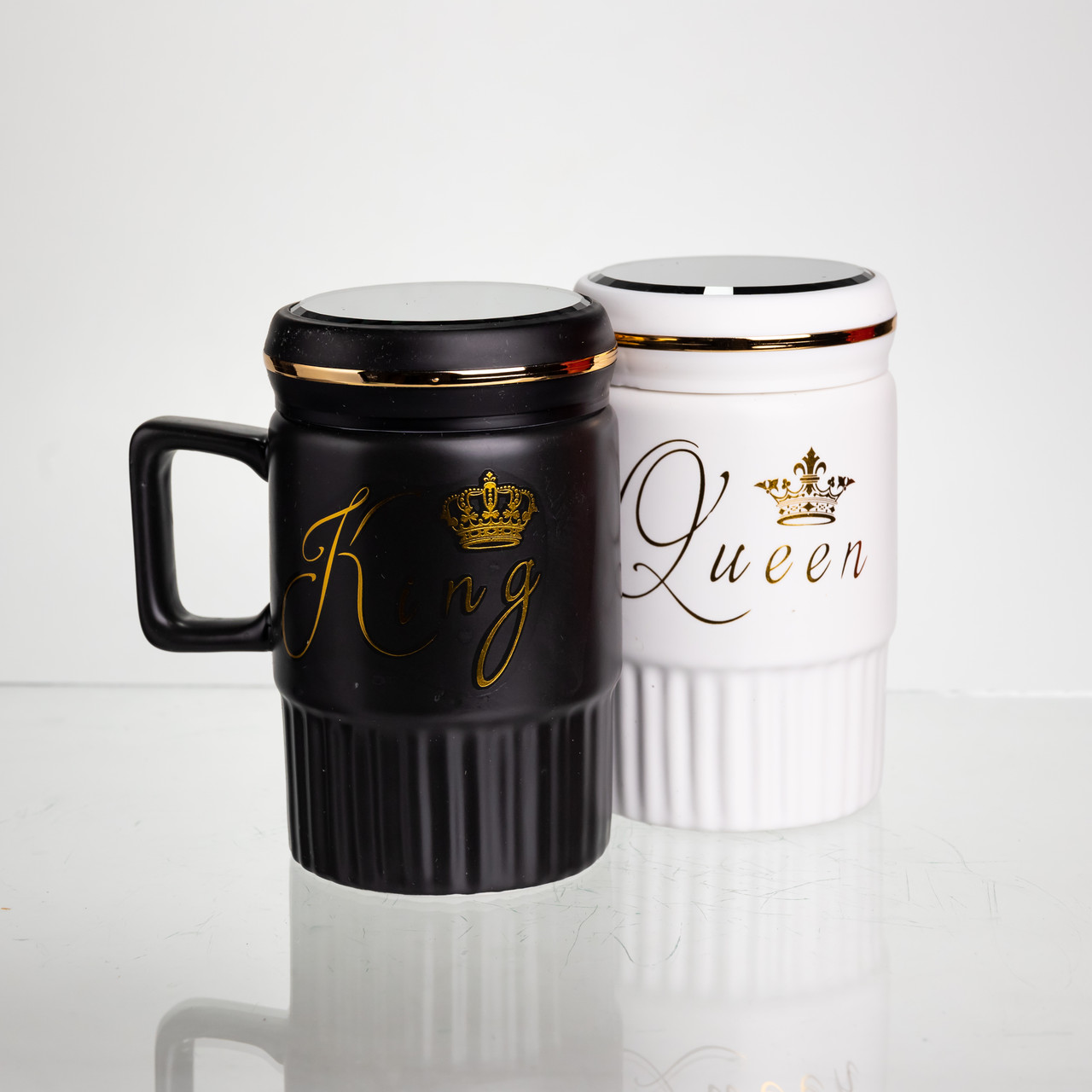 Набір парних порцелянових чашок з кришкою 2 (шт) по 450  (мл) Чорний з білим Yiwu FM-26 - Зображення 5