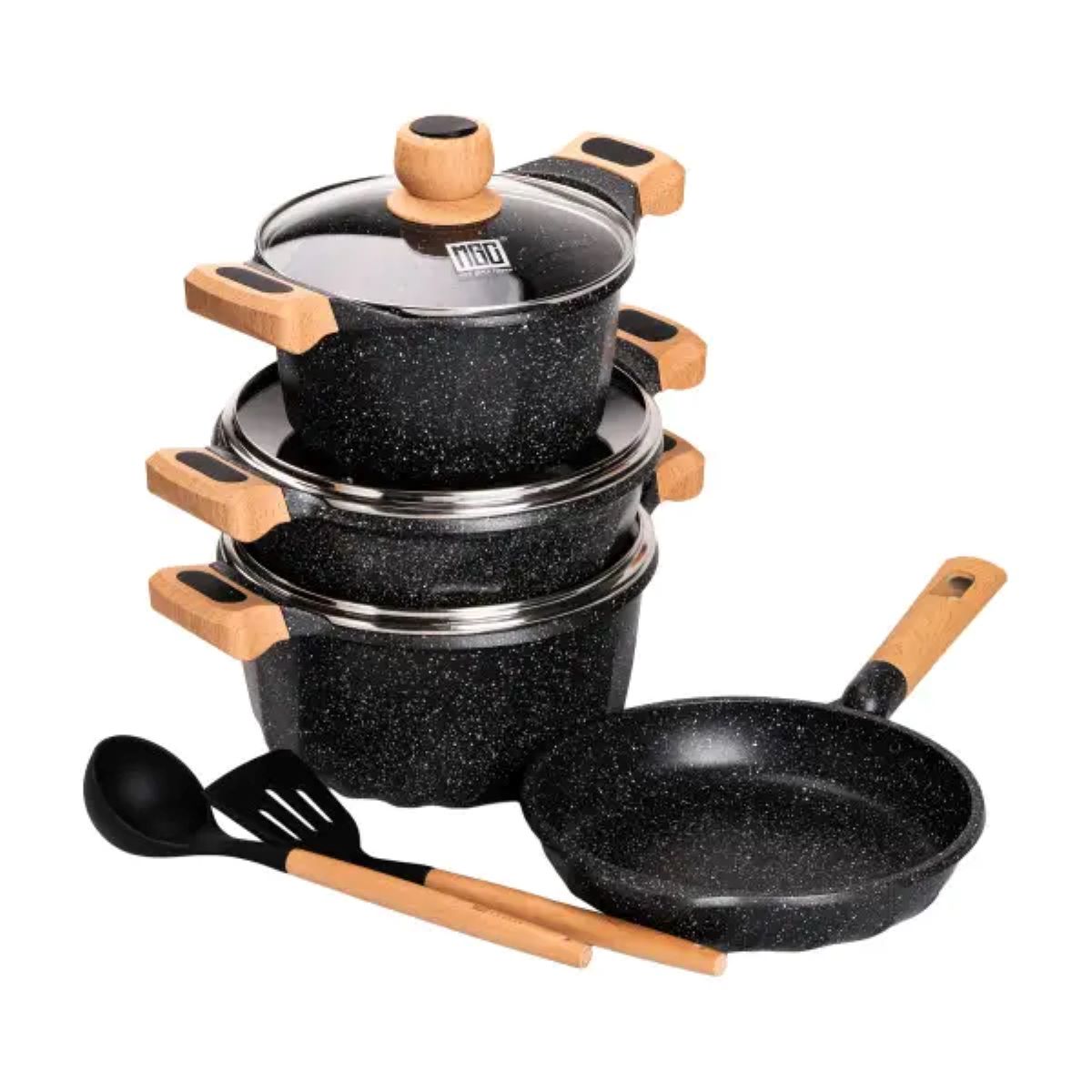 Набір посуду, 3 каструлі, з товстодонною алюмінієвою лопаткою та ополоником MGC, чорний HP-4-401B - Зображення 1
