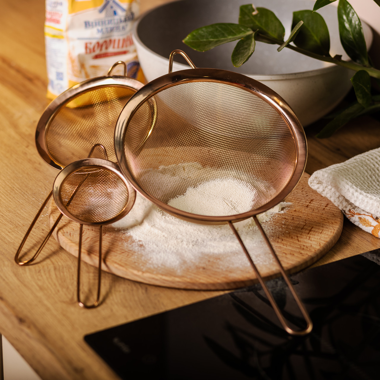 Набір ситечок 3 штуки для борошна і круп з нержавіючої сталі Мідний HP-19-22 - Зображення 5