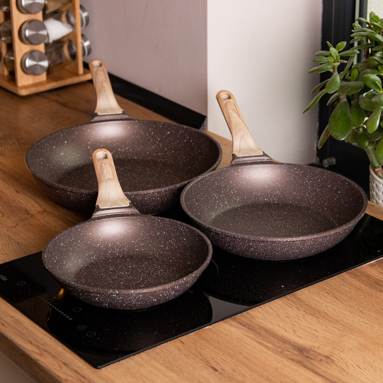 Набір сковорідок із 3 предметів із товстим дном з алюмінію MGC кавовий HP-4-410CO - Зображення 7