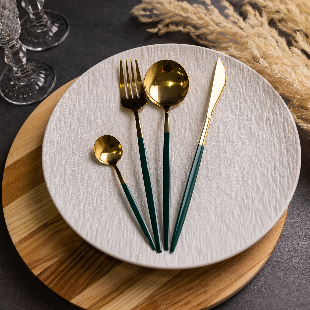 Набір столових приборів 24 предмети столовий набір на 6 персон Золотистий з зеленим HP-20-48 - Зображення 4