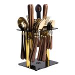 Набір столових приборів на 6 персон з дерев'яними ручками на підставці столові прибори 24 шт Золото HP-20-2