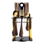 Набір столових приборів на 6 персон з дерев'яними ручками на підставці столові прибори 24 шт Золото HP-20-2 - Зображення 7