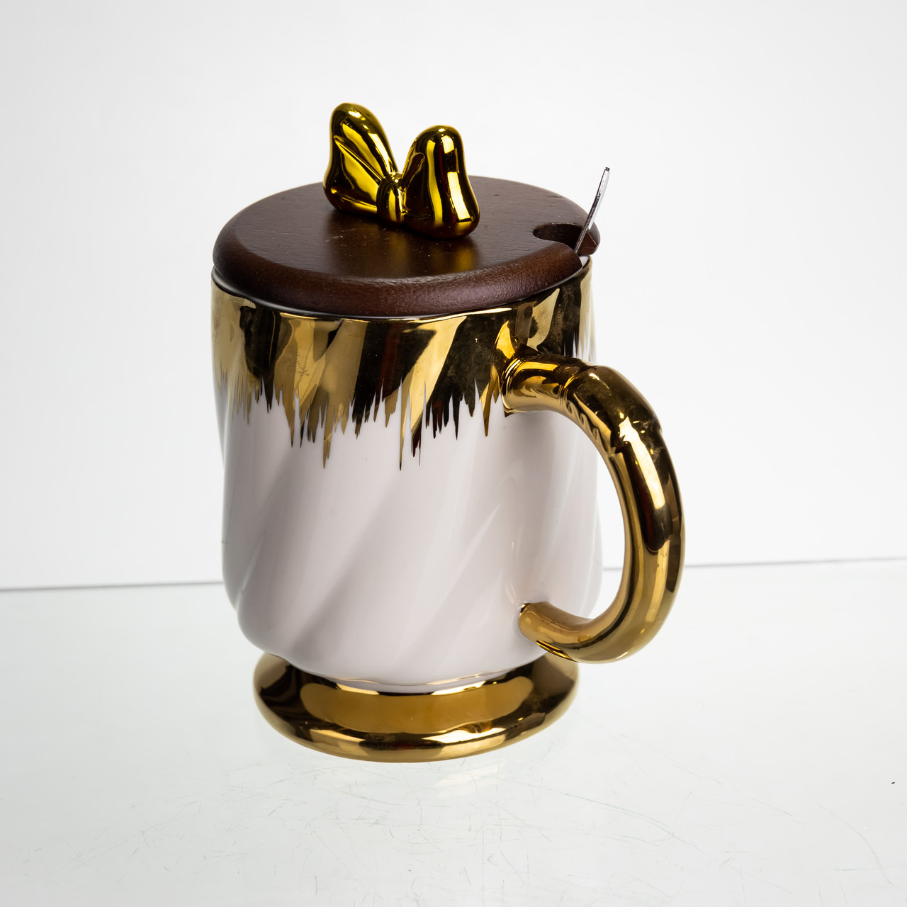 Новорічна порцелянова чашка «Золотий Вихор» 450 мл з кришкою і ложкою Yiwu FM-23D - Зображення 2