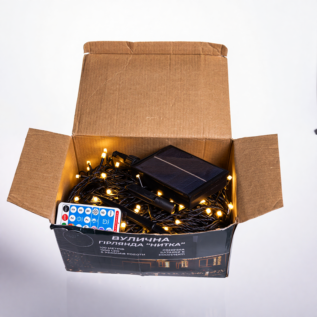 Новорічна гірлянда вулична 100 м 1000 LED із сонячною батареєю 8 режимів роботи чорний провід Жовте світло SB1000L100MBY - Зображення 4
