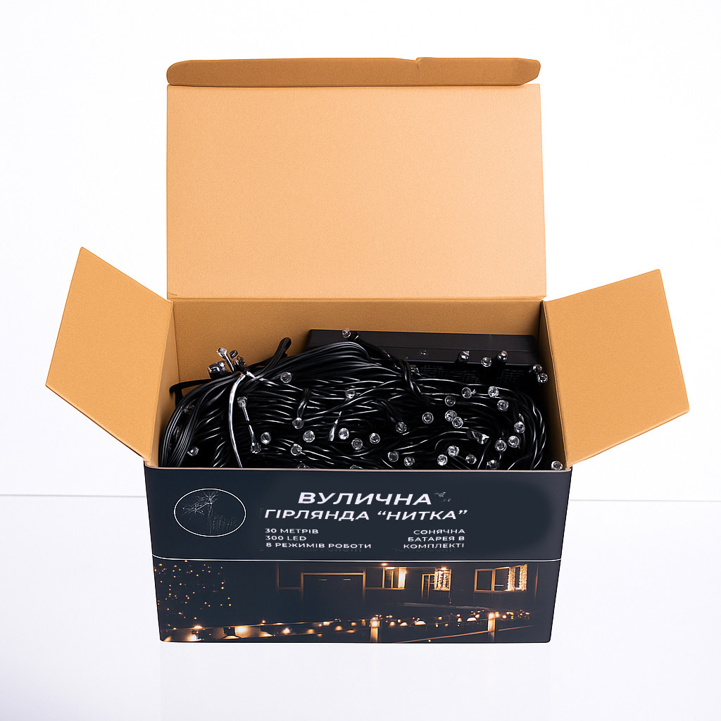 Новорічна гірлянда вулична 30 м 300 LED з сонячною батареєю чорний провід Синій SB300L30MBBL - Зображення 5