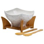 Салатниця га бамбуковій підставці з виделкою і ложкою 22*22*14 см Білий HP1228 - Зображення 3