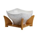 Салатниця га бамбуковій підставці з виделкою і ложкою 22*22*14 см Білий HP1228 - Зображення 4