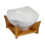 Салатниця га бамбуковій підставці з виделкою і ложкою 22*22*14 см Білий HP1228 - Зображення 5