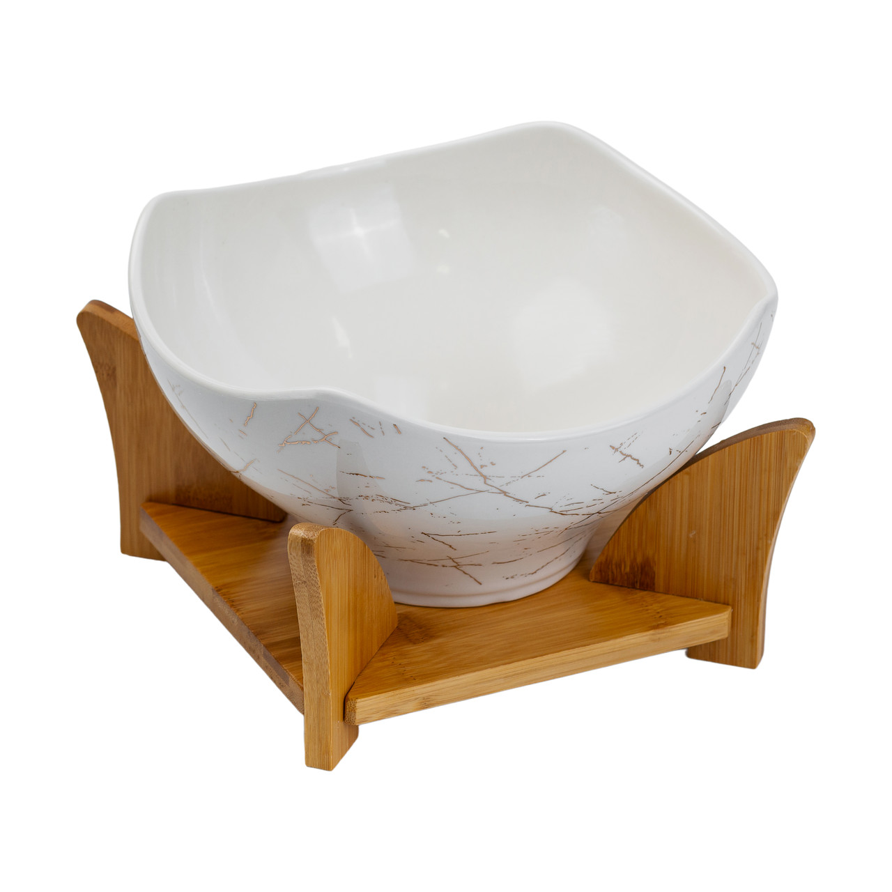 Салатниця га бамбуковій підставці з виделкою і ложкою 22*22*14 см Білий HP1228 - Зображення 5