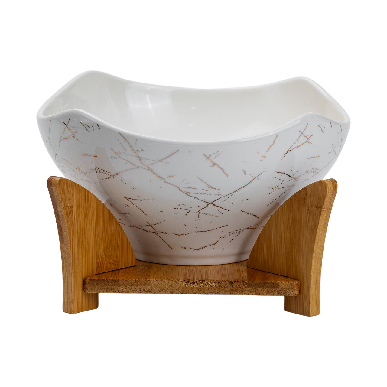 Салатниця га бамбуковій підставці з виделкою і ложкою 22*22*14 см Білий HP1228 - Зображення 7