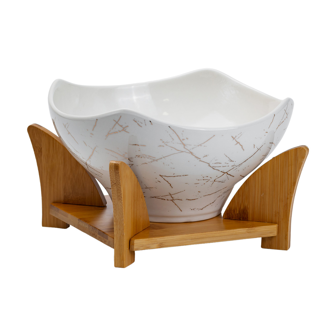 Салатниця га бамбуковій підставці з виделкою і ложкою 22*22*14 см Білий HP1228 - Зображення 8