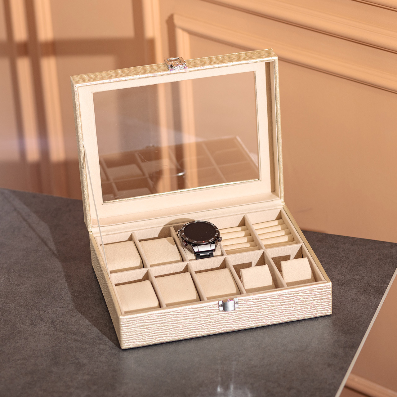 Скринька для прикрас з еко шкіри 25.5×20×7.5 см органайзер для ювелірних виробів HP-5-6GOLD - Зображення 5