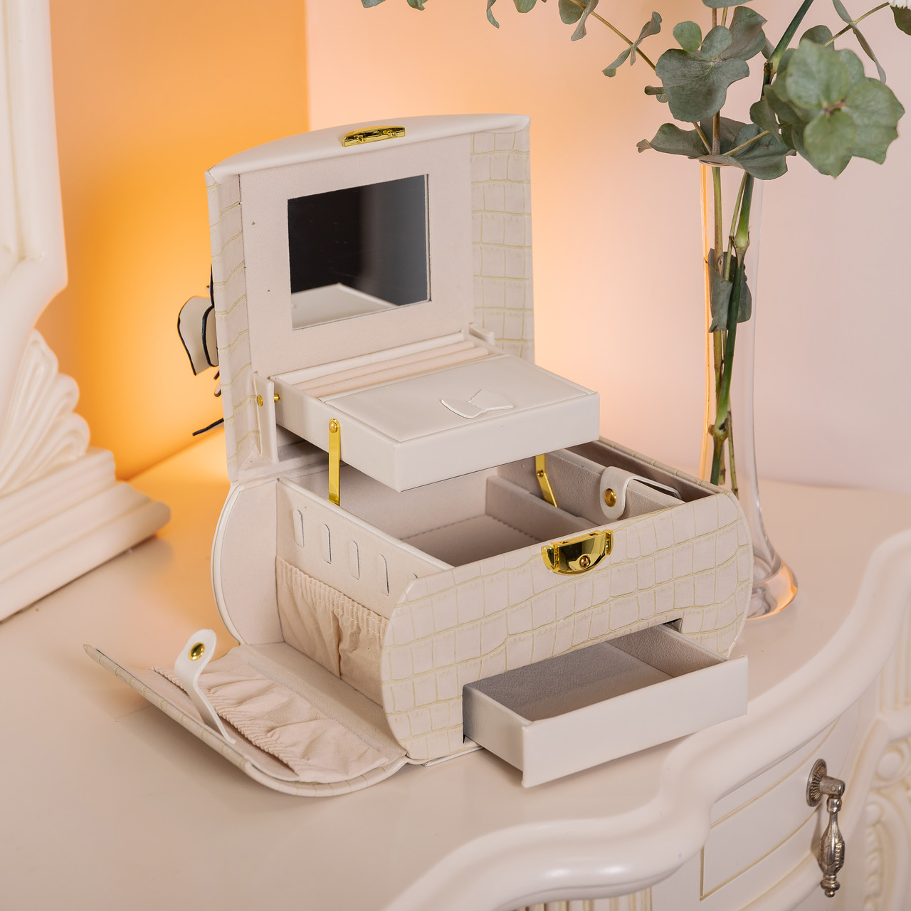 Скринька для прикрас з еко шкіри 3 яруси із замком органайзер для ювелірних виробів HP-5-21BE - Зображення 10