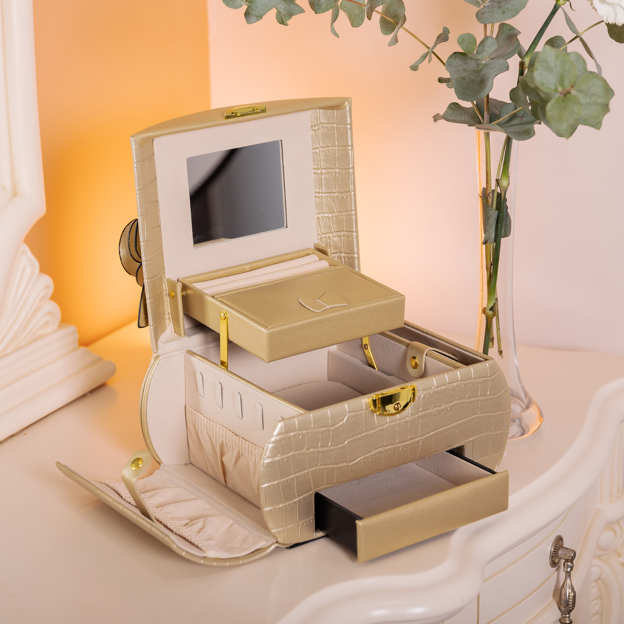 Скринька для прикрас з еко шкіри 3 яруси із замком органайзер для ювелірних виробів HP-5-21GOLD - Зображення 10